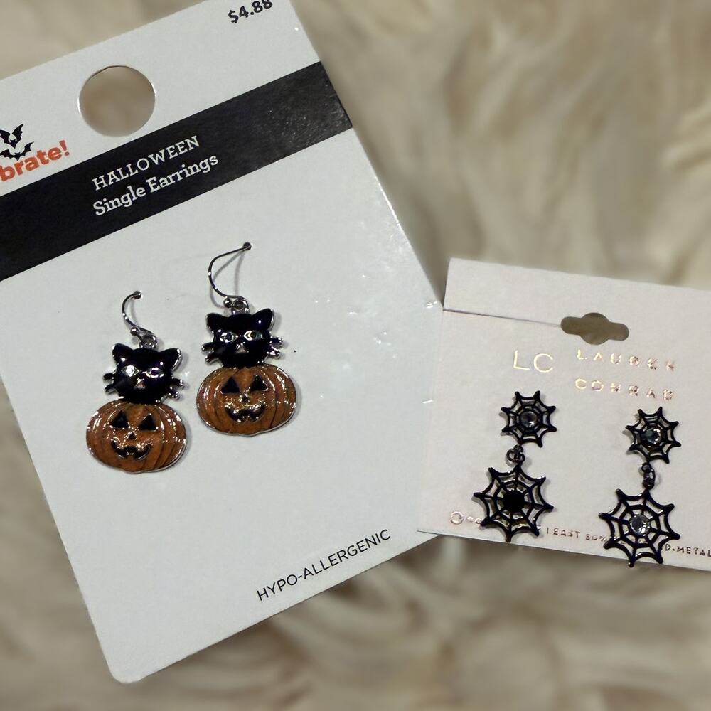 NWT Spooky Halloween Earring Lot | Black Cat Pumpkin & Spiderweb Drops